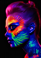 Woman in profile with makeup in neon colors on a conceptual dark background for photo frame