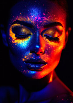 Woman made up in glitter and neon colors on a dark conceptual background for photo frame