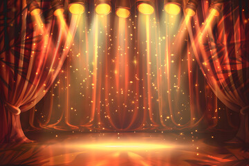 Bühnenzauber: Illustration einer Theaterbühne mit Spotlights und rotem Vorhang