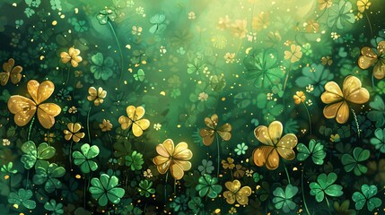 Stpatrick s day card template with green four leaf clover and gold splashes on a party invitation. - obrazy, fototapety, plakaty