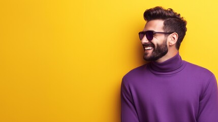 Smiling Man in Purple Turtleneck Against Yellow Background