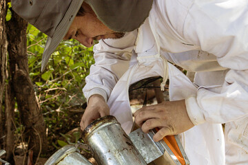 Portrait of a beekeeper preparing a bee smoker, which is a device for producing smoke used in...