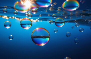Gorgeous transparent soap bubbles floating in deep blue water
