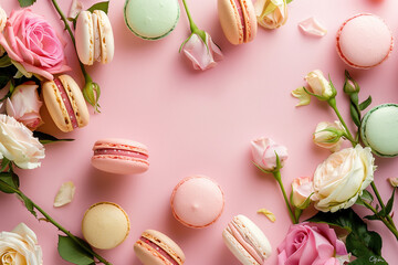 Pastel macaroons, petals ,leaves and roses on pink background. Pastel colors. Top view.