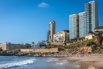 Fototapeta premium Ramlet al Baida public beach situated along the southern end of the Corniche Beirut promenade in Beirut, Lebanon
