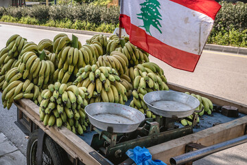 Naklejka premium Bananas on a street stand in Beirut capital city, Lebanon