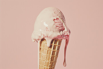 Pastel pink ice cream in cone melting on pastel pink background. Minimal concept.