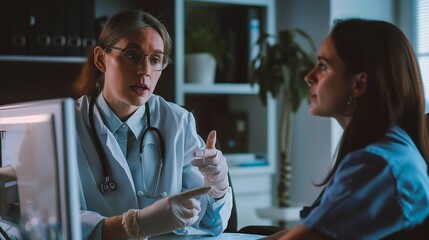 A smiling female doctor in a white coat and gloves sat at a table talking with fellow patients,