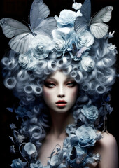 Beautiful woman in wonderland with gray flowers and butterflies a dark background for photo frame