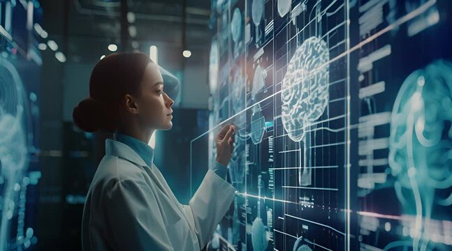 Asian developer looking at hologram of artificial intelligence cognitive computing human brain simulation