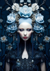 Elegant woman in wonderland with gray and white flowers on a dark background for photo frame