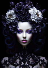 Beautiful woman in wonderland with white and black flowers on a dark background for photo frame