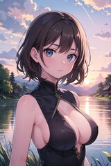 Femme posant devant un lac et un coucher de soleil