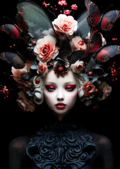 Exotic woman in wonderland with flowers and black butterflies on a dark background for photo frame