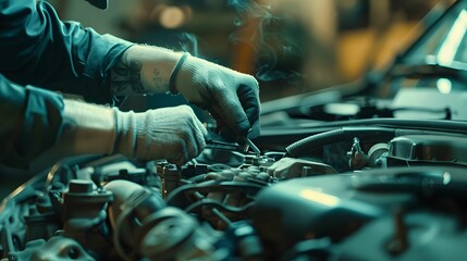 Mechanic performing precision engine repair