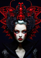 Gothic woman in wonderland black and red accessories on a dark background conceptual for photo frame