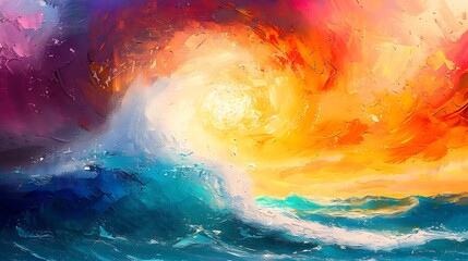 Colorful sky and ocean wave abstract background. Oil painting style - obrazy, fototapety, plakaty