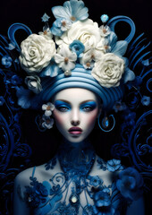 Girl in wonderland with white and blue flowers on a dark background conceptual for photo frame