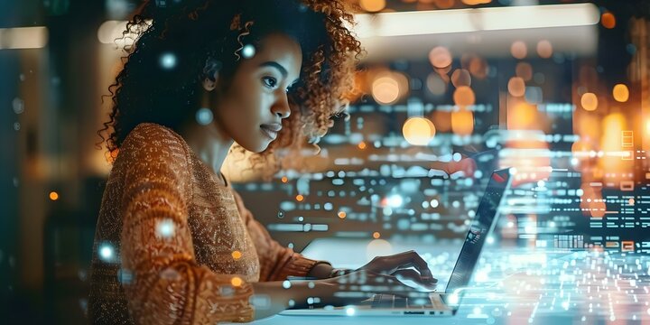 Focused techsavvy analyst using modern interface on laptop in futuristic workspace . Concept Technology, Analyst, Modern Interface, Futuristic Workspace, Laptop