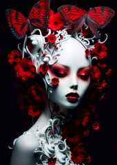 Gothic woman in wonderland with red flowers and butterflies on a dark background for photo frame