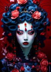 Oriental woman in wonderland with red flowers on a dark background conceptual for photo frame