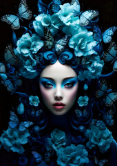 Woman in wonderland with flowers and butterflies in blue tones on a dark background for photo frame