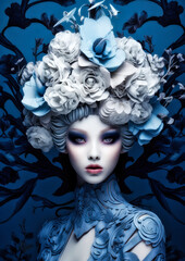 Woman in wonderland with blue and gray flowers on a dark background conceptual for photo frame
