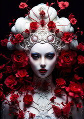 Woman in wonderland with red flowers on a dark background conceptual for photo frame