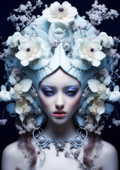 Woman in wonderland with white flowers on a dark background conceptual for photo frame