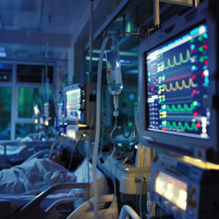 Intensive care unit with patient and medical monitors