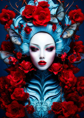 Woman in Wonderland with red flowers on a dark background conceptual for photo frame