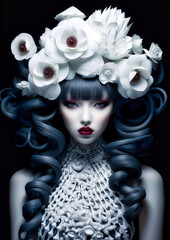 Asian woman in wonderland with white flowers on a dark background conceptual for photo frame