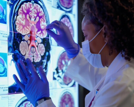 A medical professional examines brain scan images on a digital screen