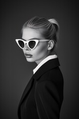 Elegant Blonde Woman in White Sunglasses and Black Attire