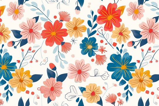 A colorful floral pattern with blue, pink, and yellow flowers. The flowers are arranged in a way that creates a sense of movement and energy. Scene is cheerful and uplifting