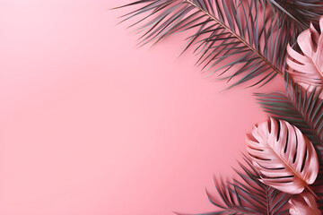 Fototapeta na wymiar Frame of palm leaves on a pink background. Design banner template for advertising, summer cards, invitations, posters with place for text