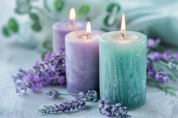 Obraz na płótnie Canvas Violet and mint green candles with lavender flowers on background. Generative AI
