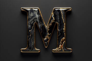 Black marble alphabet, initial letter M, gold border, 3D rendering, agate stone abc with golden marbelling, beautiful unique font design for luxury and jewelry concepts