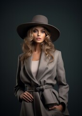 Fototapeta premium Elegant Woman in Stylish Coat and Hat Against Gray Backdrop