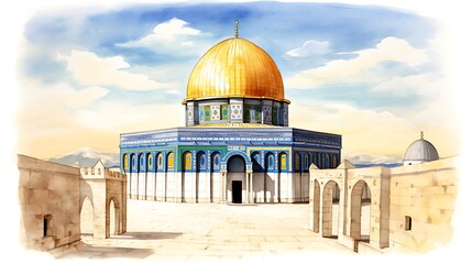 Dome of Rock or Qubbatus Sakhra in Masjidil Aqsa compound on the Temple Mount in Jerusalem, Israel. Hand drawn watercolor illustration