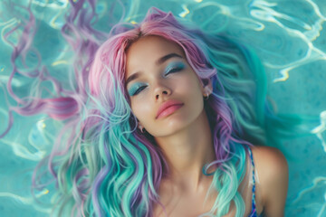 Fototapeta premium Young woman with bright colored flying hair, shades of blue and pink. Hair coloring. Generative AI
