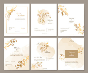 Luxury wedding invitation card background with golden line art flower and botanical leaves. Template layout design for invite card, luxury invitation card and cover template.