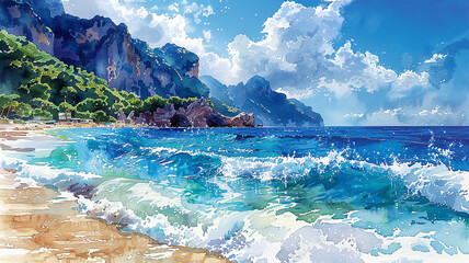 Fototapeta na wymiar Watercolor Illustration of sea of Italy