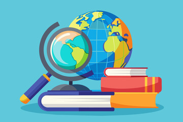 a globe and a magnifier on
 two books