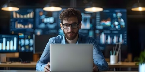 Techsavvy Analyst Utilizing Modern Interface on Laptop in Futuristic Workspace. Concept Tech Analyst, Modern Interface, Futuristic Workspace, Laptop, Tech-savvy