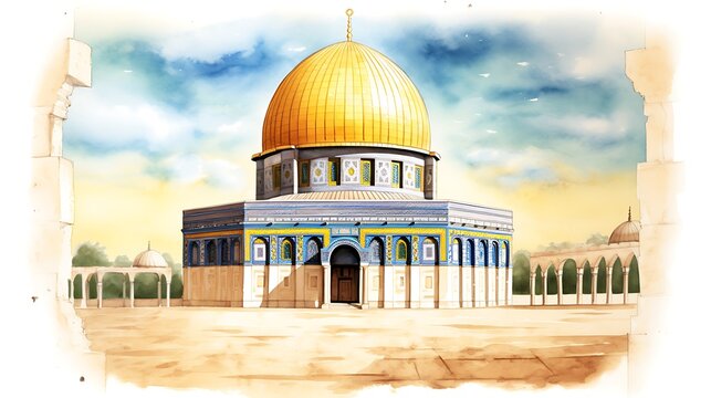 Dome of Rock or Qubbatus Sakhra in Masjidil Aqsa compound on the Temple Mount in Jerusalem, Israel. Hand drawn watercolor illustration