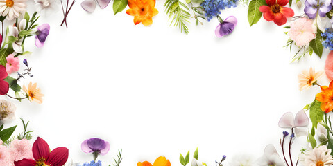 Frame of flowers on a white background. Design banner template for advertising, summer cards,...