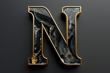 Black marble alphabet, initial letter N, gold border, 3D rendering, agate stone abc with golden marbelling, beautiful unique font design for luxury and jewelry concepts