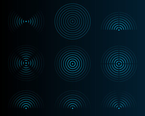 Radar vector icons. Signal concentric circles. Dotted sonar or sound wave rings collection. Digital radar circle network futuristic design.