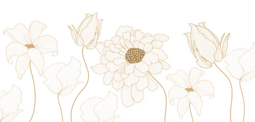 Golden Botanical Vector Pattern: Hand-Drawn Floral Illustrations for Packaging, Social Media, Covers, Banners, Creative Posts, and Wall Art